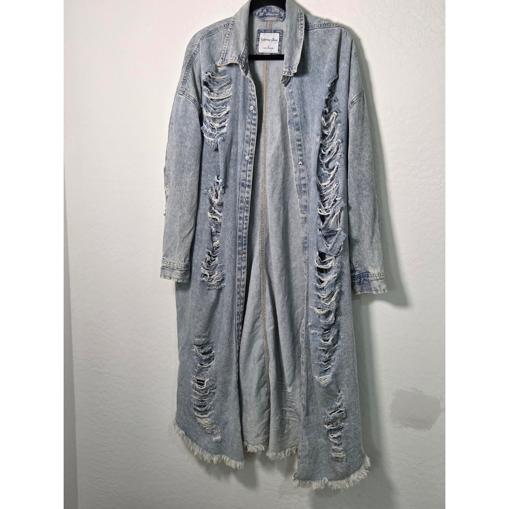 Highway Jeans Distressed Denim Duster Coat Light Wash Shredded Long Jacket L